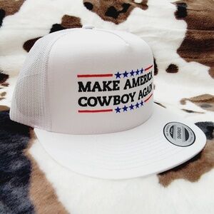 Make America Cowboy Again Flat Bill Trucker Mesh Snapback Cap Hat White